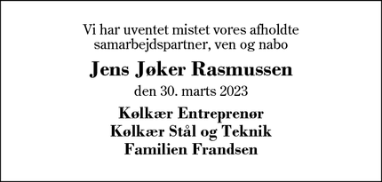 Dødsannoncen for Jens Jøker Rasmussen - Herning