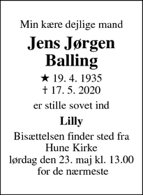 Dødsannoncen for Jens Jørgen Balling - Hune