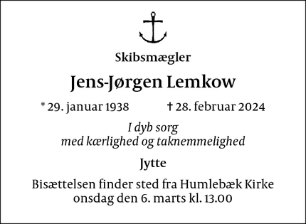 Dødsannoncen for Jens-Jørgen Lemkow - Humlebæk