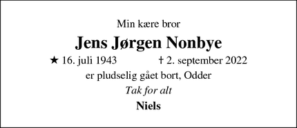 Dødsannoncen for Jens Jørgen Nonbye - Odder