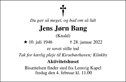 Dødsannoncen for Jens Jørn Bang - Lemvig