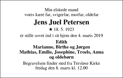 Dødsannoncen for Jens Juel Petersen - Dianalund