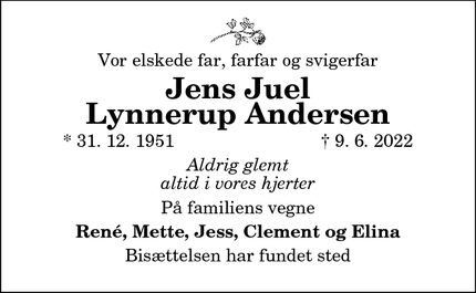 Dødsannoncen for Jens Juel
Lynnerup Andersen - Aalborg