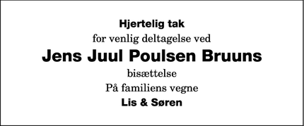 Dødsannoncen for Jens Juul Poulsen Bruuns - Maribo