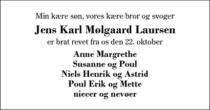 Dødsannoncen for Jens Karl Mølgaard Laursen - Sunds