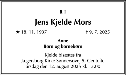 Dødsannoncen for Jens Kjelde Mors - Charlottenlund