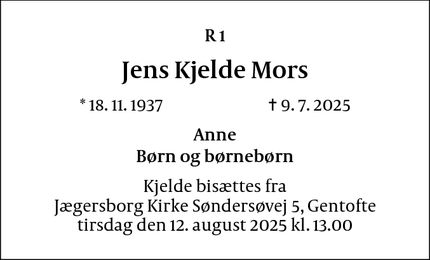Dødsannoncen for Jens Kjelde Mors - Charlottenlund