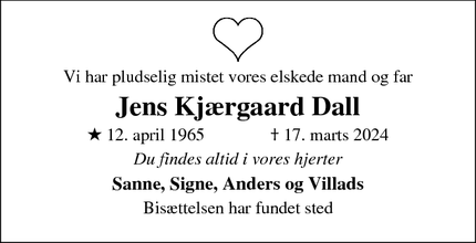 Dødsannoncen for Jens Kjærgaard Dall - Måløv