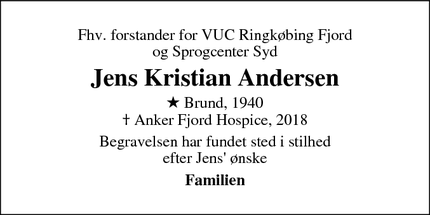 Dødsannoncen for Jens Kristian Andersen - Skjern