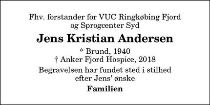 Dødsannoncen for Jens Kristian Andersen - Skjern