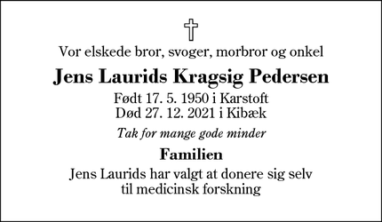 Dødsannoncen for Jens Laurids Kragsig Pedersen - Odense V