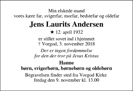 Dødsannoncen for Jens Laurits Andersen - Ringkøbing