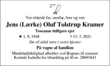 Dødsannoncen for Jens (Lærke) Oluf Tolstrup Kramer - Vanloese