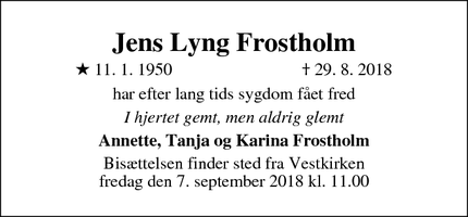 Dødsannoncen for Jens Lyng Frostholm - Ballerup