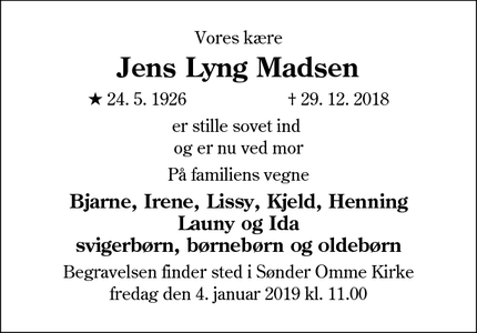 Dødsannoncen for Jens Lyng Madsen  - Sønder Omme