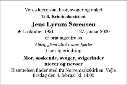 Dødsannoncen for Jens Lyrum Sørensen - Spjald