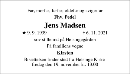 Dødsannoncen for Jens Madsen - Helsinge