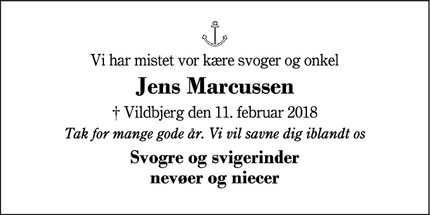 Dødsannoncen for Jens Marcussen - Vildbjerg