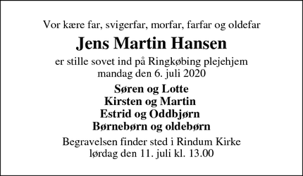 Dødsannoncen for Jens Martin Hansen - Ringkøbing