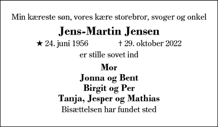 Dødsannoncen for Jens-Martin Jensen - Fredericia