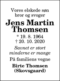 Dødsannoncen for Jens Martin
Thomsen - Grauballe (Silkeborg)