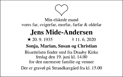 Dødsannoncen for Jens Mide-Andersen - Jægerspris