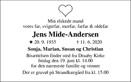 Dødsannoncen for Jens Mide-Andersen - Jægerspris