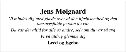 Dødsannoncen for Jens Mølgaard - Åbybro
