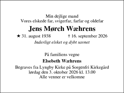 Dødsannoncen for Jens M&oslash;rch W&aelig;hrens - Virum