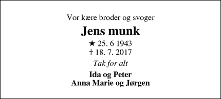 Dødsannoncen for Jens munk - Ringkøbing