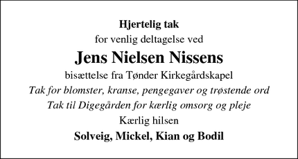 Taksigelsen for Jens Nielsen Nissen - 6280 Højer