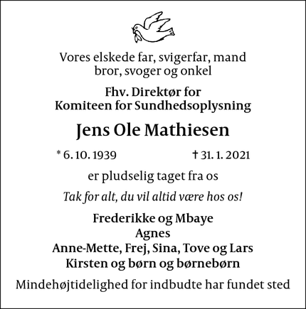 Dødsannoncen for Jens Ole Mathiesen - København N