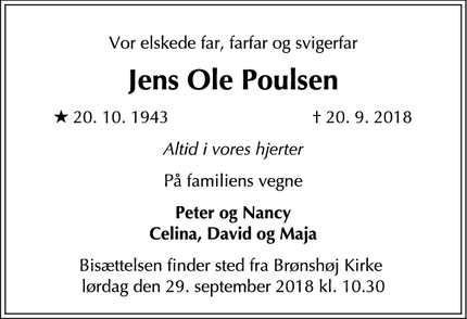 Dødsannoncen for Jens Ole Poulsen - København