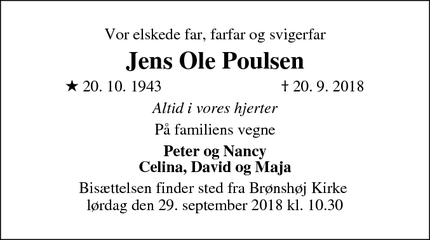 Dødsannoncen for Jens Ole Poulsen - København