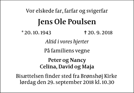Dødsannoncen for Jens Ole Poulsen - København
