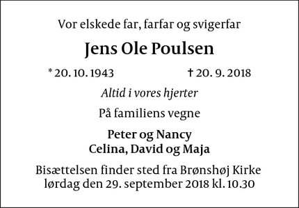 Dødsannoncen for Jens Ole Poulsen - København
