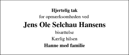 Taksigelsen for Jens Ole Selchau Hansens - Vester Såby