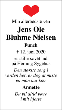 Dødsannoncen for Jens Ole
Bluhme Nielsen - Bording Stationsby