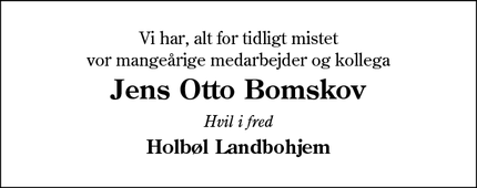 Dødsannoncen for Jens Otto Bomskov - rødekro