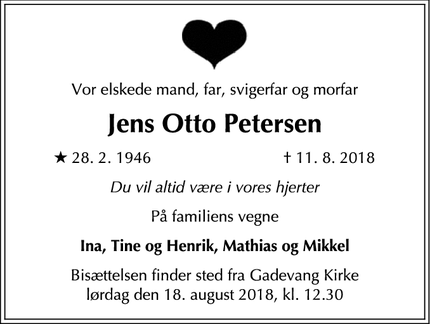 Dødsannoncen for Jens Otto Petersen - Hillerød