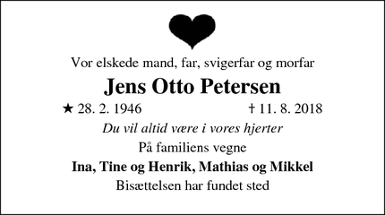 Dødsannoncen for Jens Otto Petersen - Hillerød