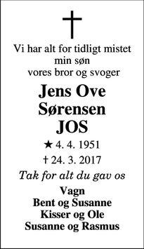 Dødsannoncen for Jens Ove Sørensen
JOS - Bjerringbro