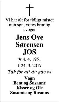 Dødsannoncen for Jens Ove Sørensen
JOS - Bjerringbro