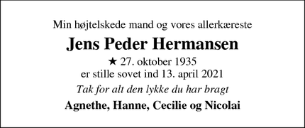 Dødsannoncen for Jens Peder Hermansen - Vejle