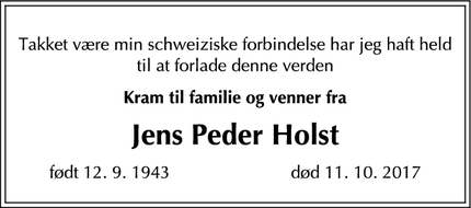 Dødsannoncen for Jens Peder Holst - Præstø