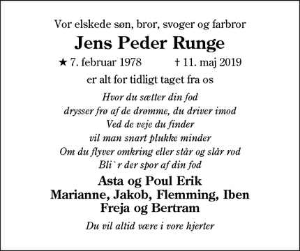 Dødsannoncen for Jens Peder Runge - Varde