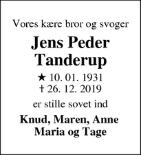 Dødsannoncen for Jens Peder Tanderup - Ryde