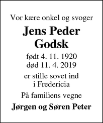 Dødsannoncen for Jens Peder
Godsk - Fredericia