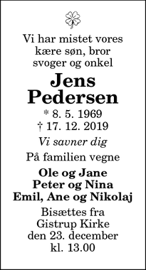 Dødsannoncen for Jens Pedersen - Aalborg