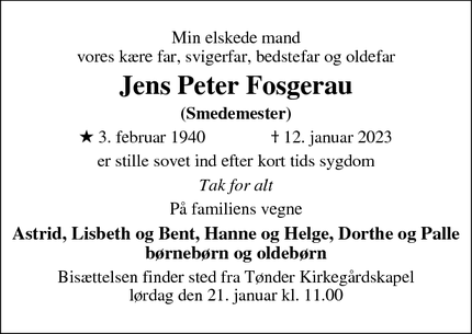 Dødsannoncen for Jens Peter Fosgerau - Tønder